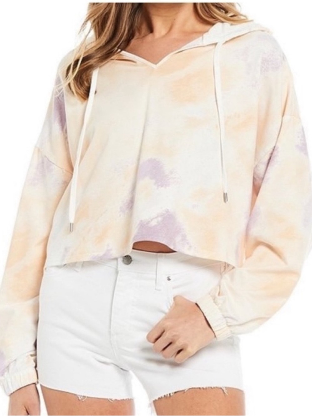 Frayed Peach Mist Air Tie Dye Cropped Hoodie, Large